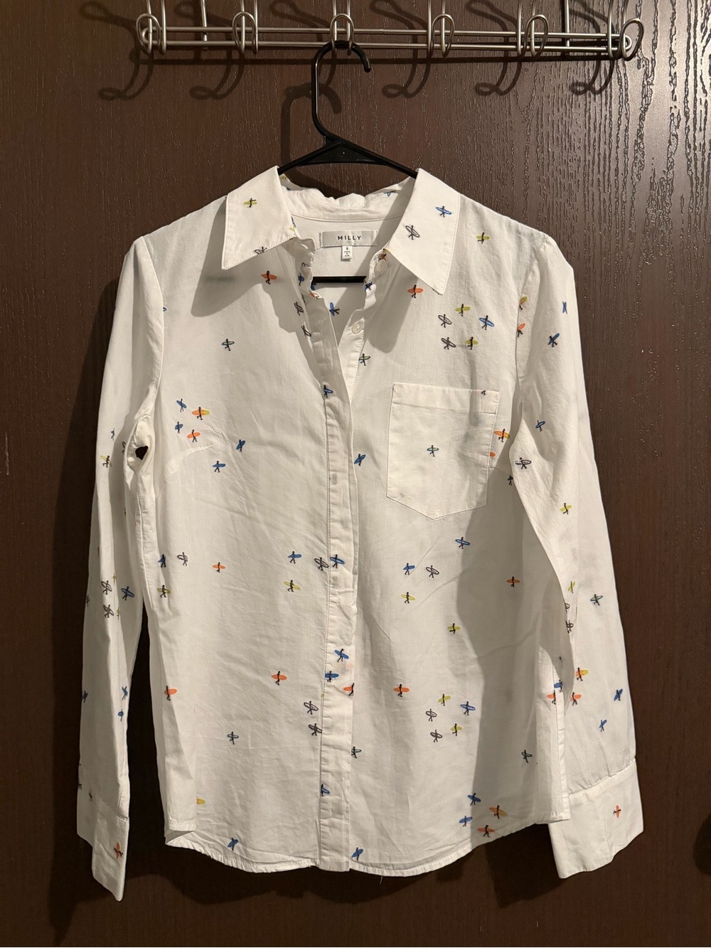 Milly White Button-Down Shirt with Multicolor Embroidery Size 8